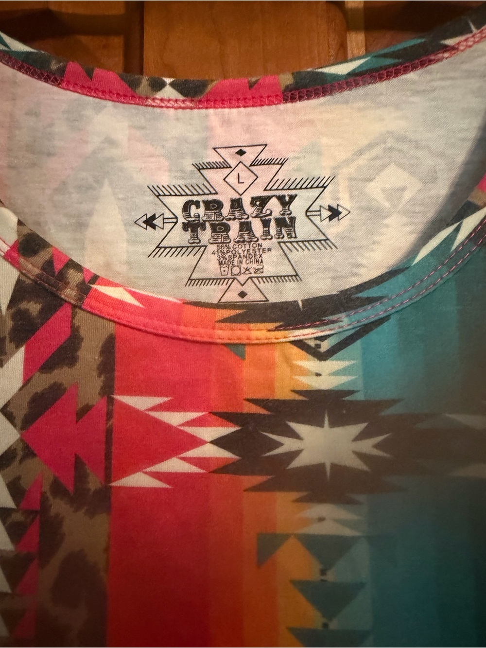 Crazy Train Multicolor Aztec Print Tee (Turquoise, Coral, Yellow, Brown, White) - Picture 4 of 4